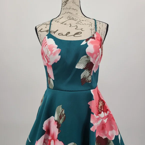 David's Bridal City Triangles Teal and Pink Lace Back Floral Mini Dress - Picture 4 of 14